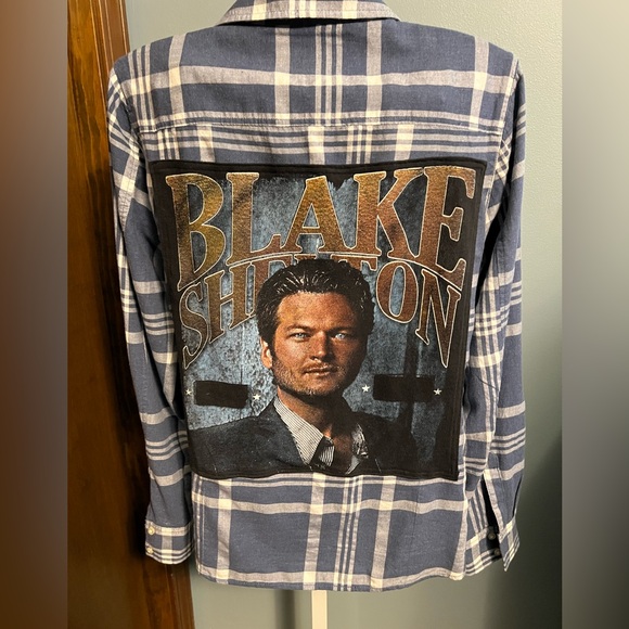 Hand Crafted Tops - Blake Shelton T-shirt Upcycled with Blue and White Plaid Flannel Large